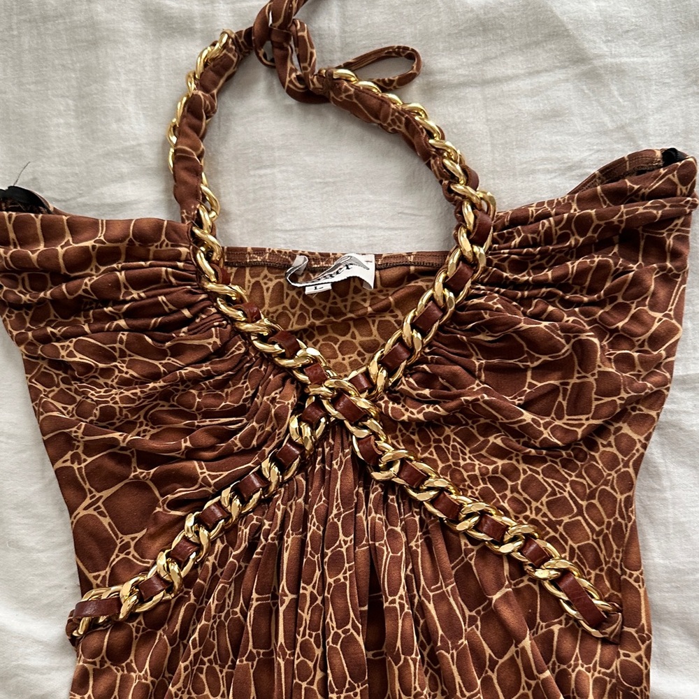 Y2K 100% Silk Brown Animal Print Dress With Braided Halter - Picture 4 of 10
